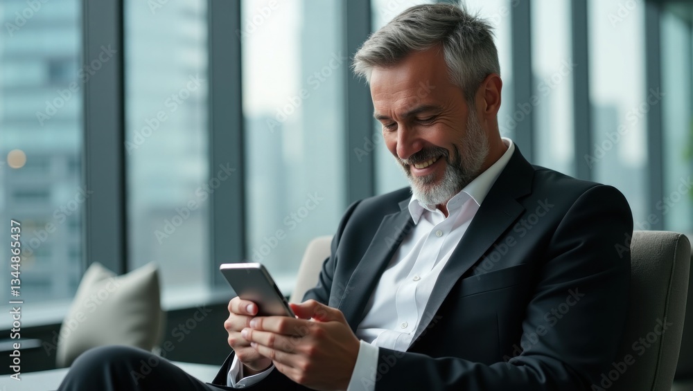 Smiling Businessman Using Smartphone in Modern Office Smiling Businessman Using Smartphone in Modern Office