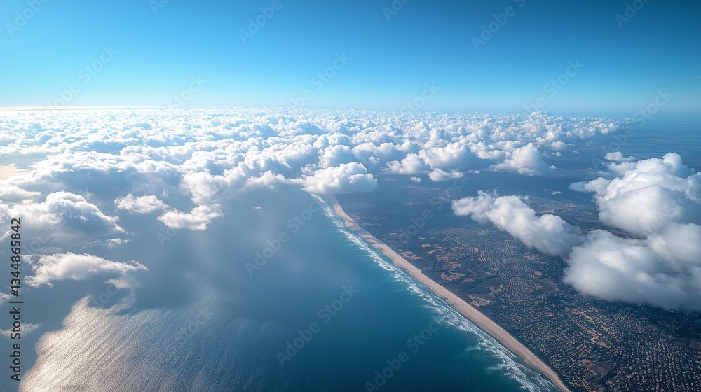 Obraz premium A bird's-eye view of the ocean from a private jet window, with the coastline gently curving below and soft clouds above.