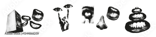Trendy halftone monochrome stipple elements set. Face with mouths, eyes, hand rock gesture, speaker. Grunge punk dots texture for y2k collage design. Retro photocopy vector illustration compositions