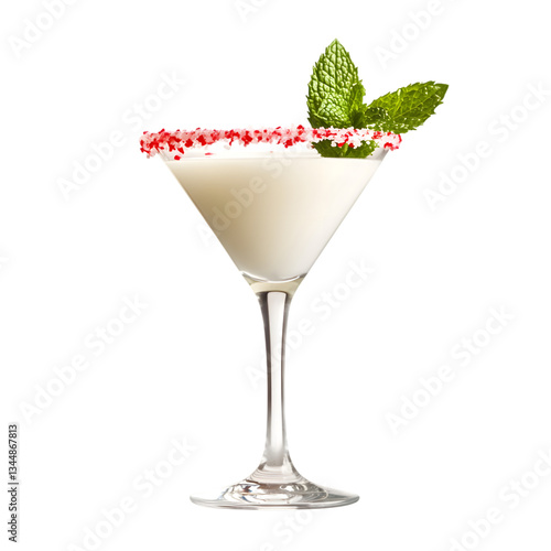 A Refreshing Peppermint Martini A Close Up of a White Martini with a Candy Cane Rim and Mint Garnish