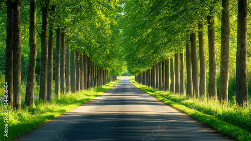  Lush Summer Forest with Tall Straight Trees Lining the Scene, Offering Bright Sun-Drenched Environment and Expansive Copy Space for Designs or Messages