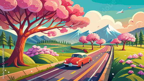 A car drives along a rural road lined with cherry trees