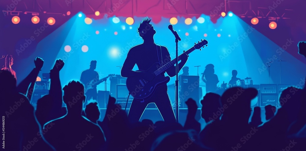Concept d'un concert de rock avec un chanteur qui salue le public en agitant sa guitare et la foule qui l'acclame à la fin du show Concept d'un concert de rock avec un chanteur qui salue le public en agitant sa guitare et la foule qui l'acclame à la fin du show