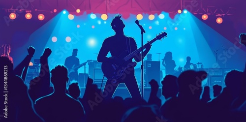 Concept d'un concert de rock avec un chanteur qui salue le public en agitant sa guitare et la foule qui l'acclame à la fin du show
