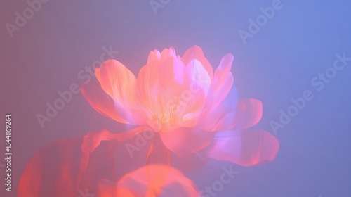 A flower is softly illuminated with pink and blue hues