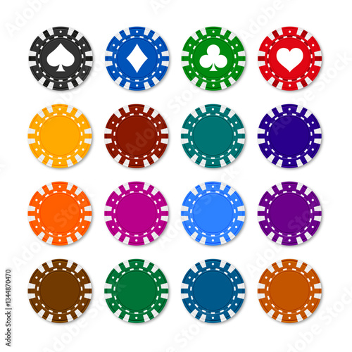Realistic Poker and casino chips. Set colored Isolated casino and poker chips. Poker symbols with spades, hearts, diamonds, clubs. Playing gambling chips concept. Vector illustration.