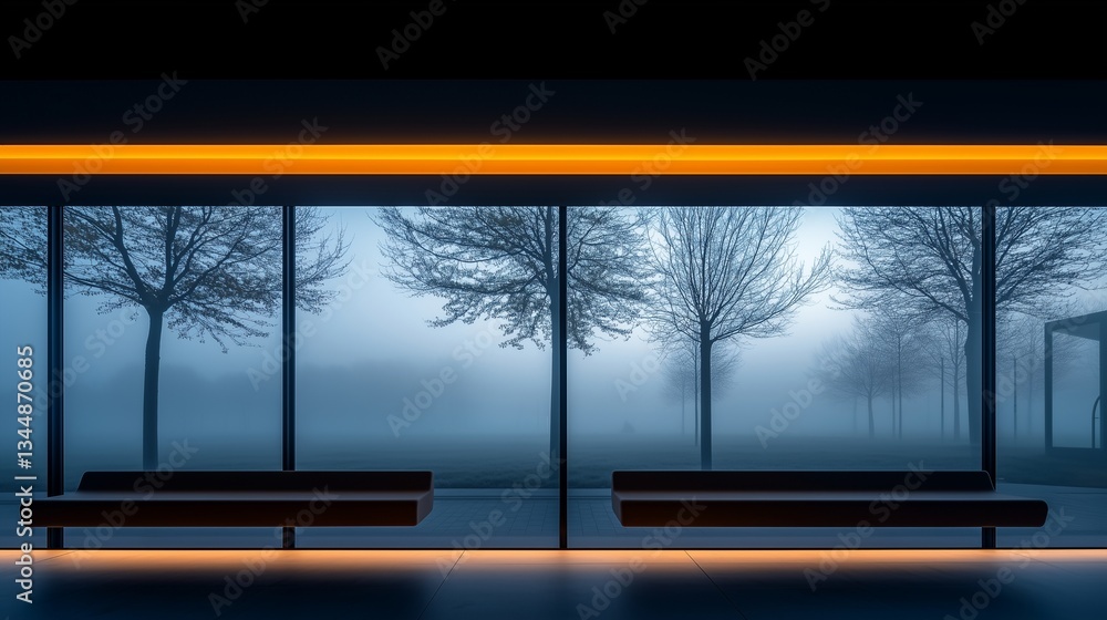 Obraz premium A minimalist view from a modern bus window on a foggy morning, with only silhouettes of trees and soft light illuminating the scene.