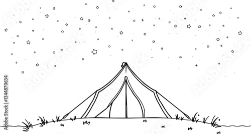 Outline of a camping tent under the stars minimal adventure and travel vector design.