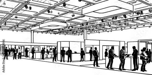 Outline of a business trade show with exhibition booths and networking vector illustration.
