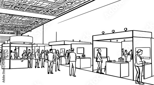 Outline of a business trade show with exhibition booths and networking vector illustration.