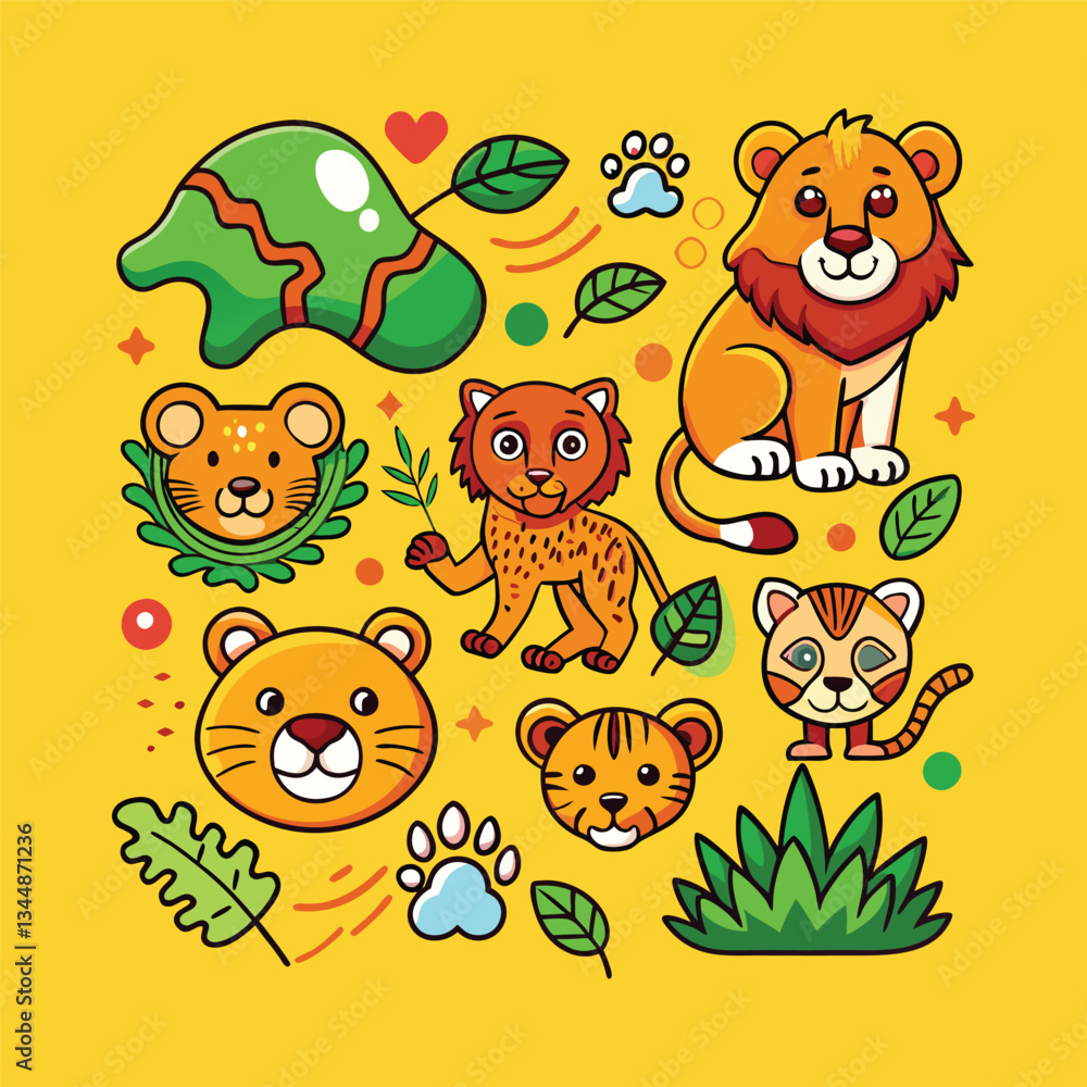 Naklejka premium Cute Lion and Tiger Cartoon design Set 
