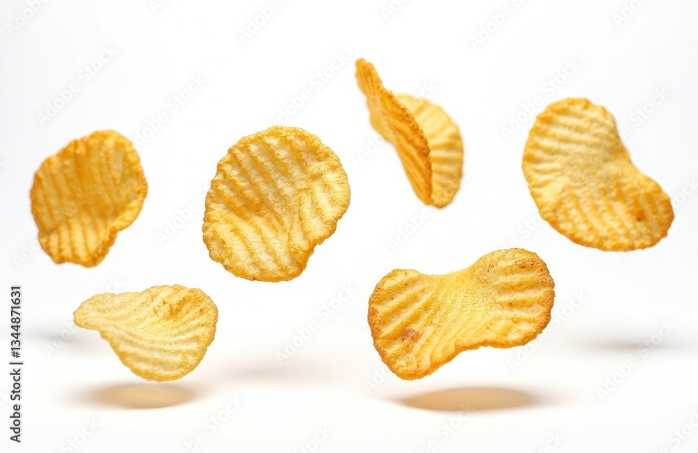 Potato chips flying on transparent background. Crunchy, crisp, fried snack. Potato slices isolated on white. Yellow ribbed rippled wavy gold chips floating. Junk fast food concept.