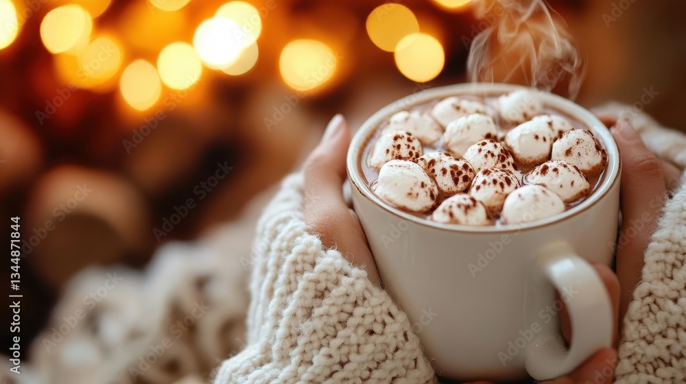 A person sipping hot cocoa while enjoying a chilly evening outdoors, Comfort Food, Warm and indulgent