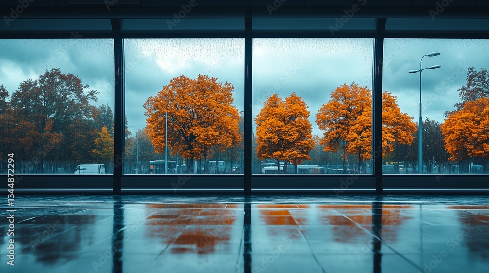Obraz premium A minimalistic view from a bus window on a rainy day, with soft reflections of trees and cloudy skies creating a soothing atmosphere.