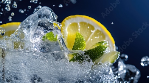 Refreshing citrus slices in water with ice and splashes