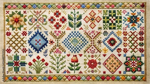 Colorful Cross-Stitch Sampler on White Background