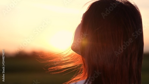 Fotografie face person outdoors, woman face look up serenity silhouette, relax nature pleas