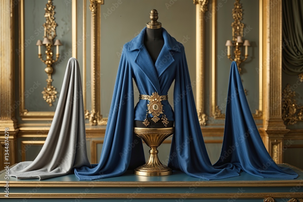 Obraz premium Luxurious Cashmere Fabric Displayed on Pedestal Against Elegant Gold Background for Premium Visuals