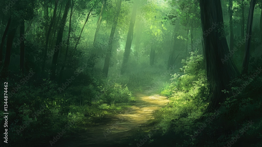Fototapeta premium Tranquil Sunlit Path Through Lush Green Forest Surrounded by Tall Trees and Vibrant Underbrush