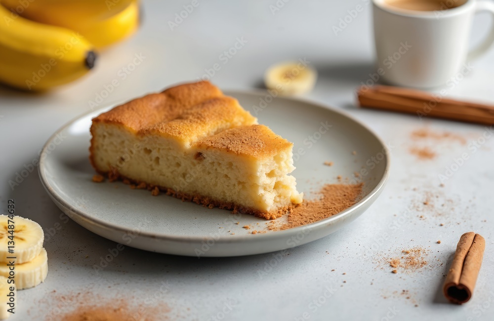 Brazilian banana cake slice on plate with cinnamon sticks. Cuca de Banana pie served with cup of coffee. Fresh baked pastry for breakfast or dessert. Homemade bakery product. Copy space. Brazilian banana cake slice on plate with cinnamon sticks. Cuca de Banana pie served with cup of coffee. Fresh baked pastry for breakfast or dessert. Homemade bakery product. Copy space.