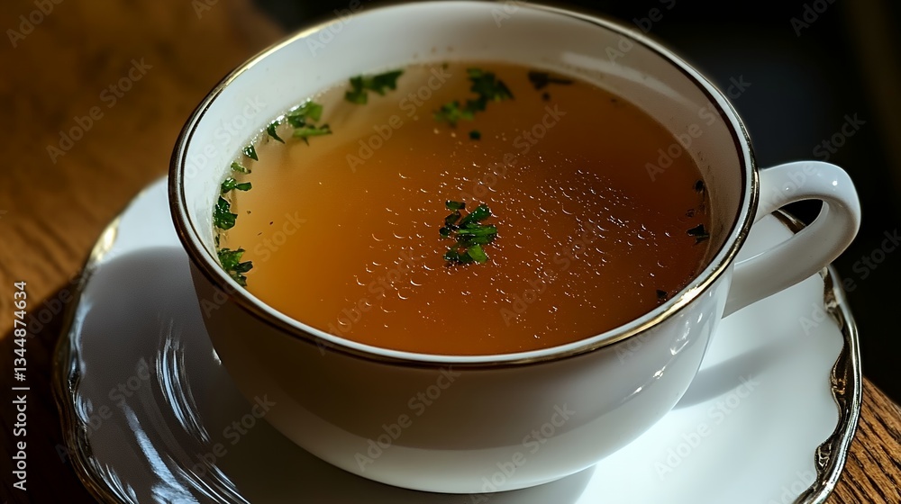 overhead view of soup with leafy garnish and diced vegetables overhead view of soup with leafy garnish and diced vegetables