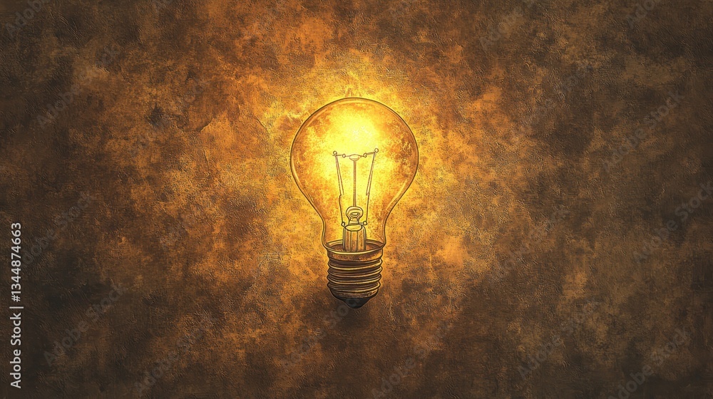 An illuminating lightbulb glows brightly against a textured background surface An illuminating lightbulb glows brightly against a textured background surface