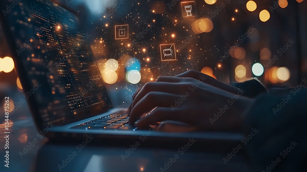 custom made wallpaper toronto digitalCybersecurity Concept with Digital Locks and Laptop, Hands typing on a laptop keyboard with digital lock icons overlayed, symbolizing cybersecurity