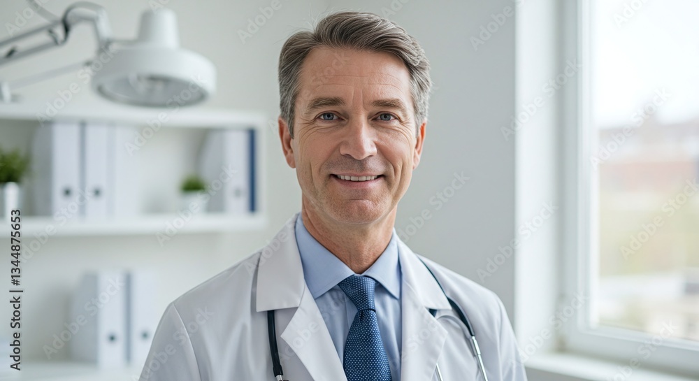 Confident Physician Portrait: A close-up portrait of a mature, experienced doctor in a modern, well-lit medical office, exuding professionalism, care, and expertise. Confident Physician Portrait: A close-up portrait of a mature, experienced doctor in a modern, well-lit medical office, exuding professionalism, care, and expertise.