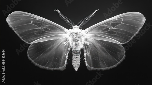 X-ray moth, wings spread, dark background, nature study