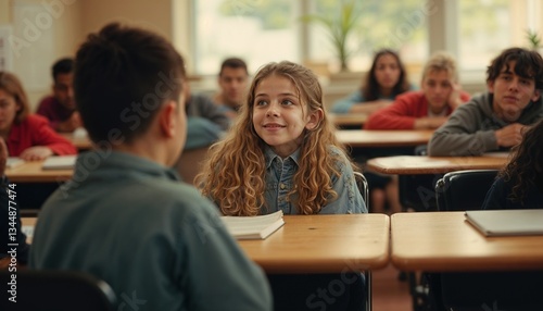Young girl smiling at classmate in classroom setting with engaged students