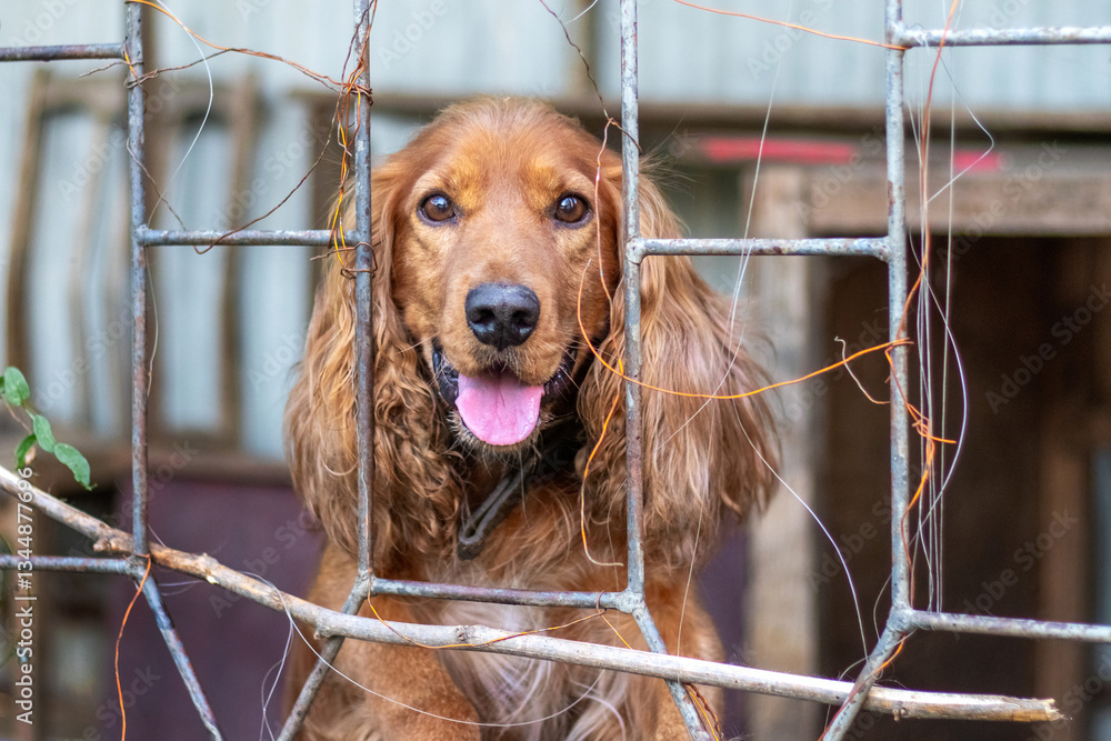 golden cocker spaniel looking through a metal fence with its tongue sticking out