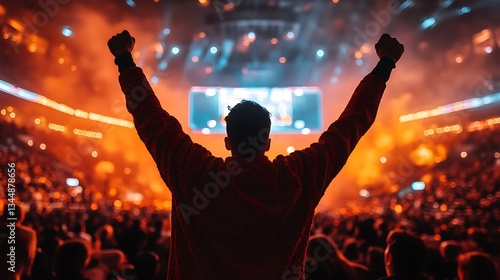 Fan raising arms in excitement at basketball arena. March Madness victory celebration, team pride and competitive energy. Sports passion and enthusiasm