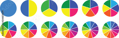 Circle pie chart diagram. Circle section graph. Pie chart set, segmented circle icons. Pie chart divided 1,2,3,4,5,6,7,8,9,10,11,12 equal parts. Infographic wheel segment or section parts. Vector set