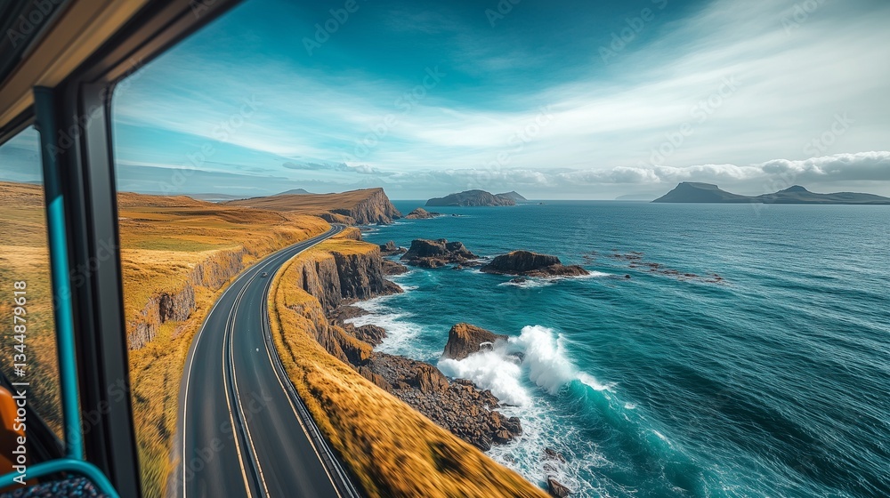 Obraz premium A sweeping view of a coastal highway from a bus window, with the ocean crashing against cliffs and distant islands on the horizon.