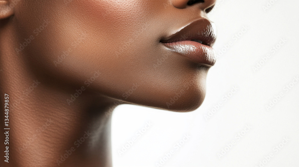 Obraz premium This close-up captures the graceful curves of a woman's profile, showcasing her radiant skin and delicate features. The soft lighting enhances the serene and artistic essence of the moment