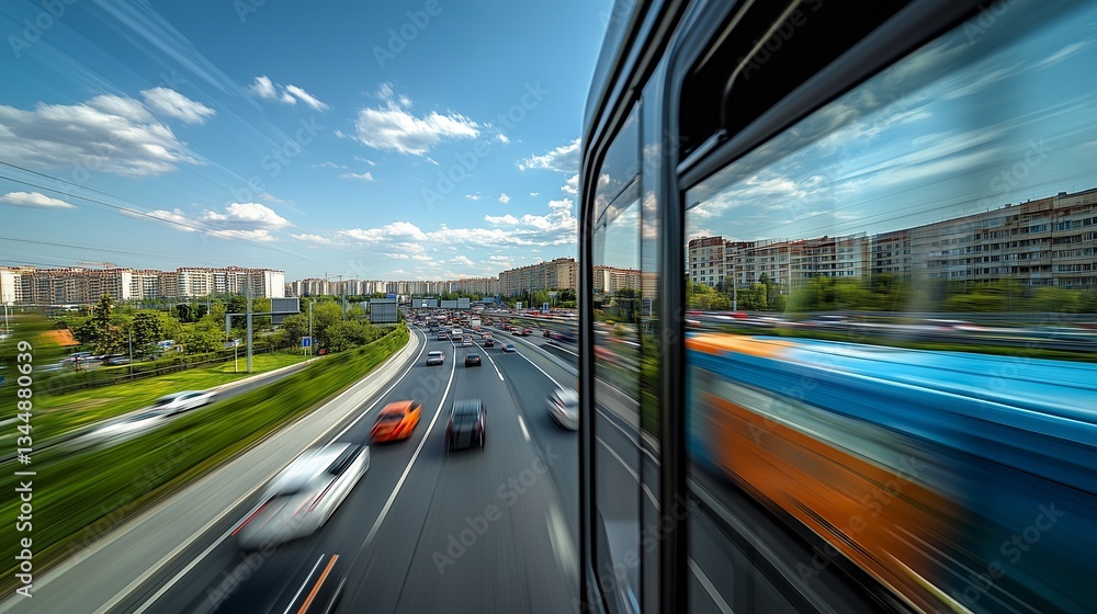 Obraz premium A view of a busy highway from the window of a speeding bus, with a blur of cars, buildings, and greenery passing by.