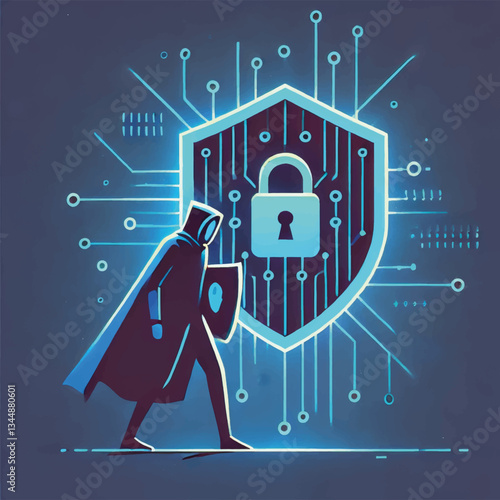 Cybersecurity Hero Walking Towards a Shield with Lock Icon  