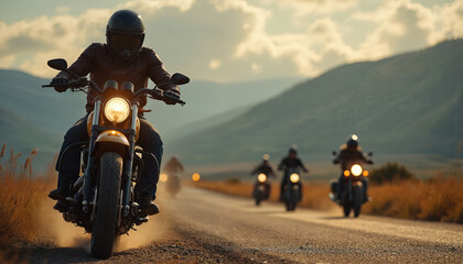 Sturgis bikers ride on countryside road. Motorcyclists navigate challenging terrain. Adventure, skill, excitement. Group rides in mountains. Freedom, lifestyle, travel. Test of endurance on rough