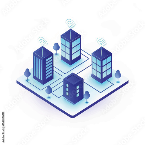 Modern buildings connected by network signals in an isometric design  