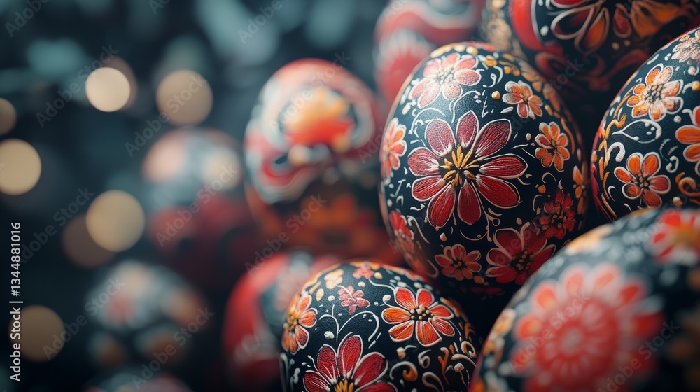 close-up hand painted Easter eggs, adorned with vibrant floral motifs against a softly blurred background. The colors and details create a captivating display that celebrates tradition