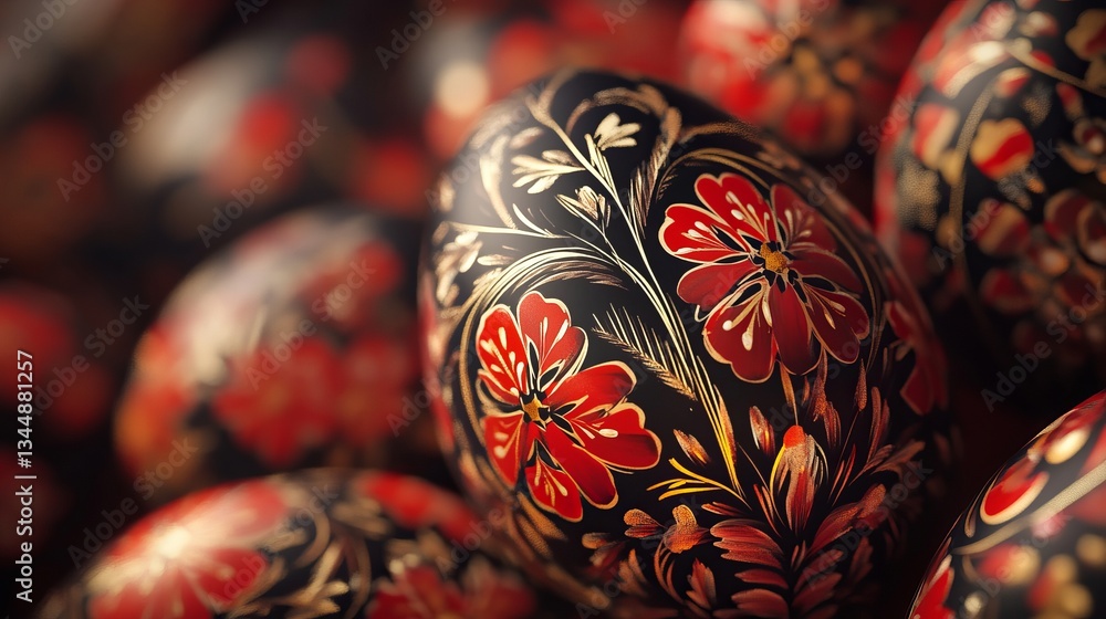 beautifully decorated Easter eggs adorned with intricate red and black floral patterns. The detailed craftsmanship exudes the festive spirit, making it perfect for springtime celebrations