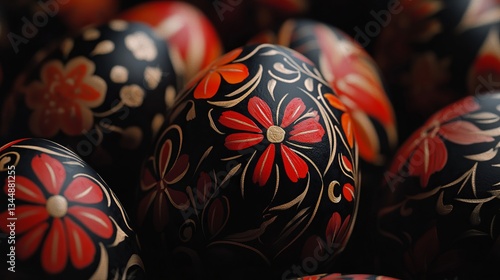 intricately decorated Easter eggs featuring bold red and black designs with exquisite floral patterns. The artistry illuminates the festive spirit, making it perfect for springtime celebrations