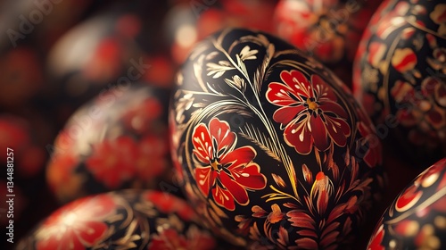 Obraz na płótnie beautifully decorated Easter eggs adorned with intricate red and black floral patterns. The detailed craftsmanship exudes the festive spirit, making it perfect for springtime celebrations w salonie