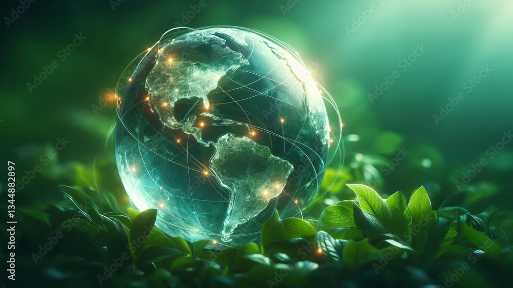an ethereal globe surrounded by lush greenery. Sunlight filters through the leaves, creating a magical atmosphere. The vibrant colors highlight the Earth's beauty and interconnectedness