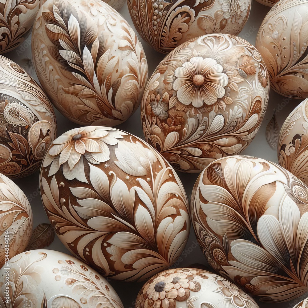 arrangement features beautifully painted Easter eggs, each adorned with unique floral motifs. The soft colors and detailed designs create a harmonious display, embodying the spirit of springtime joy