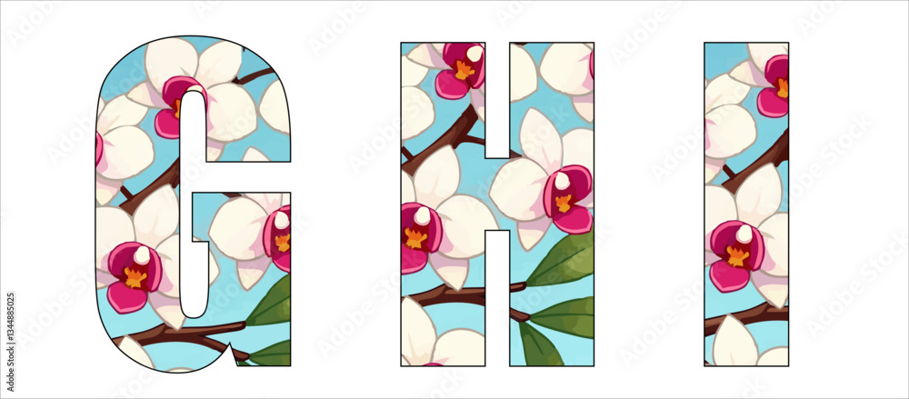 Vector font with pattern of
tropical flowers of white orchid on blue background.
A set of cartoon letters of english alphabet GHI for
women clothing, fabric, textile, paper,
inscription on t-shirt.
Vector font with pattern of
tropical flowers of white orchid on blue background.
A set of cartoon letters of english alphabet GHI for
women clothing, fabric, textile, paper,
inscription on t-shirt.