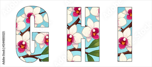 
Vector font with pattern of
tropical flowers of white orchid on blue background.
A set of cartoon letters of english alphabet GHI for
women clothing, fabric, textile, paper, 
inscription on t-shirt.