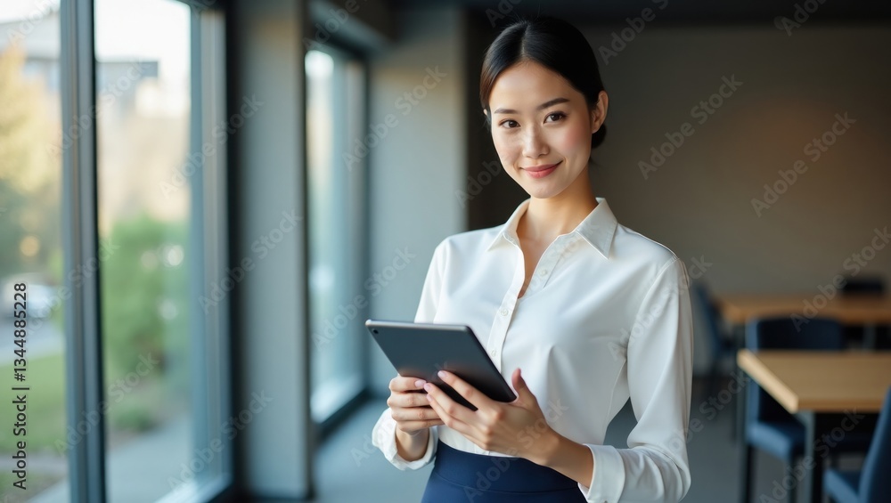 Confident Businesswoman Using Tablet in Modern Office Confident Businesswoman Using Tablet in Modern Office