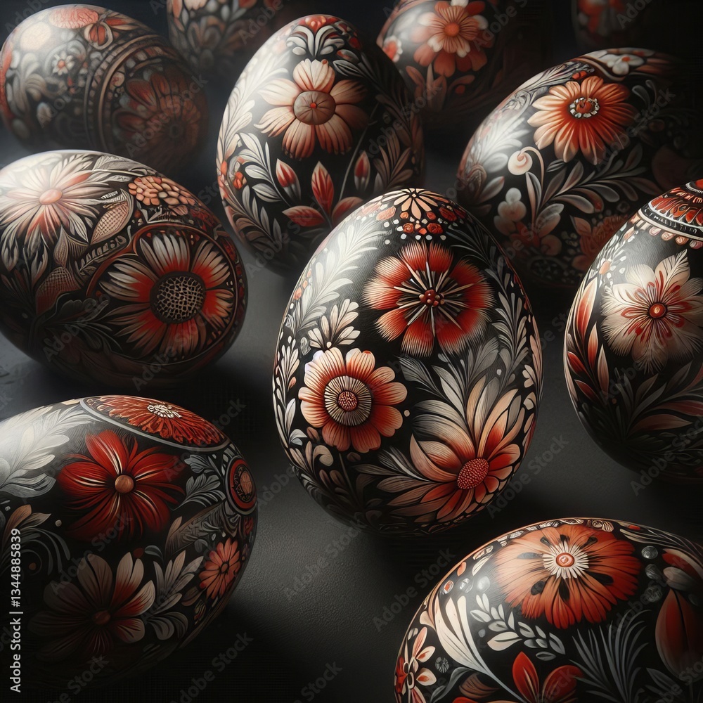 highlights intricately painted Easter eggs, adorned with vivid patterns and rich colors. The close-up view reveals the stunning artistry, celebrating both tradition and elegance for the holiday