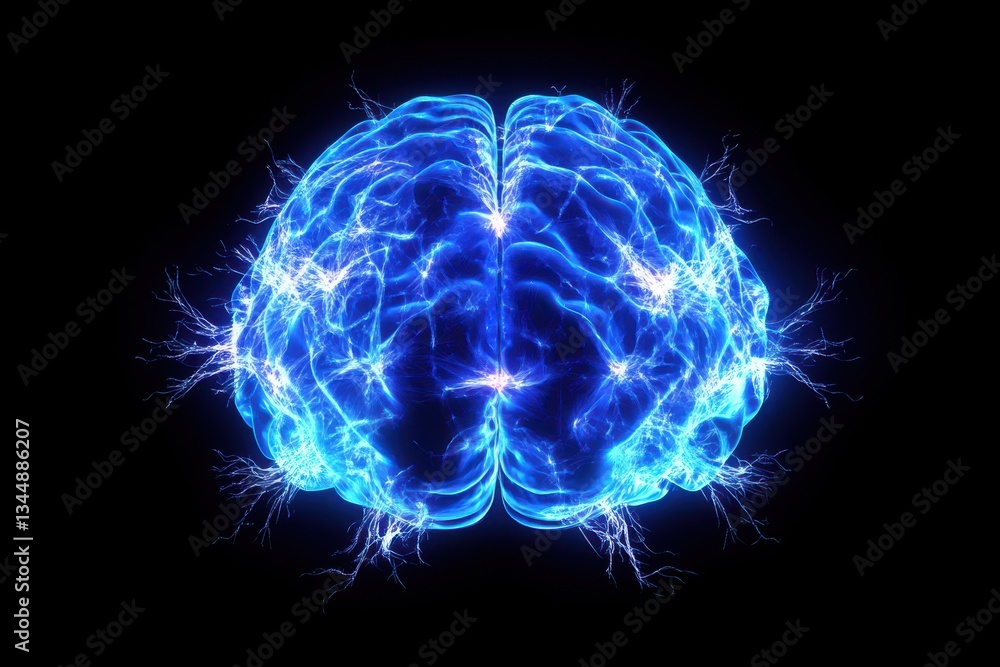 Obraz premium A glowing blue brain radiating light beams against a cosmic background in a futuristic 3D rendering symbolizing neural networks and artificial intelligence